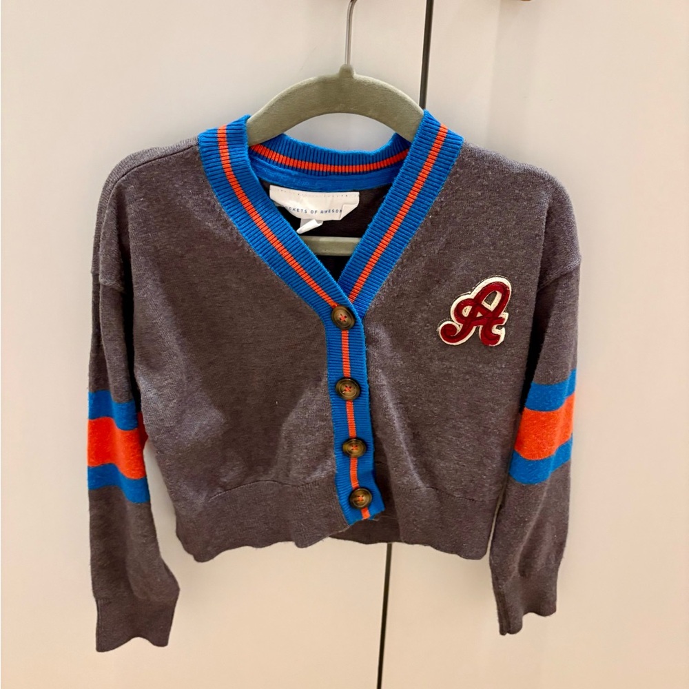 Rockets of awesome prep grey/blue/red 3T boy embroidered button cardigan sweater